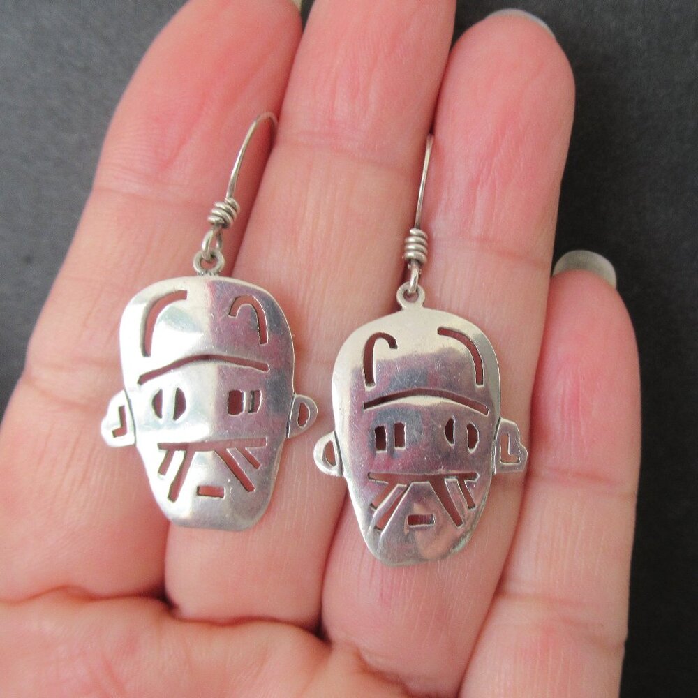 Native American 925 STERLING SILVER Mask Earrings by Woods Signed and Marked